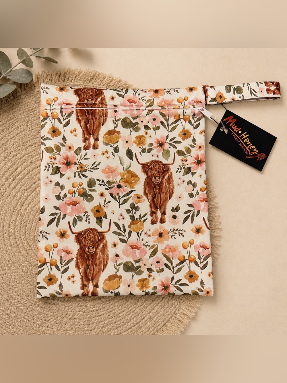 NWT Floral Highland Cattle (Cow) Print Wet Bag